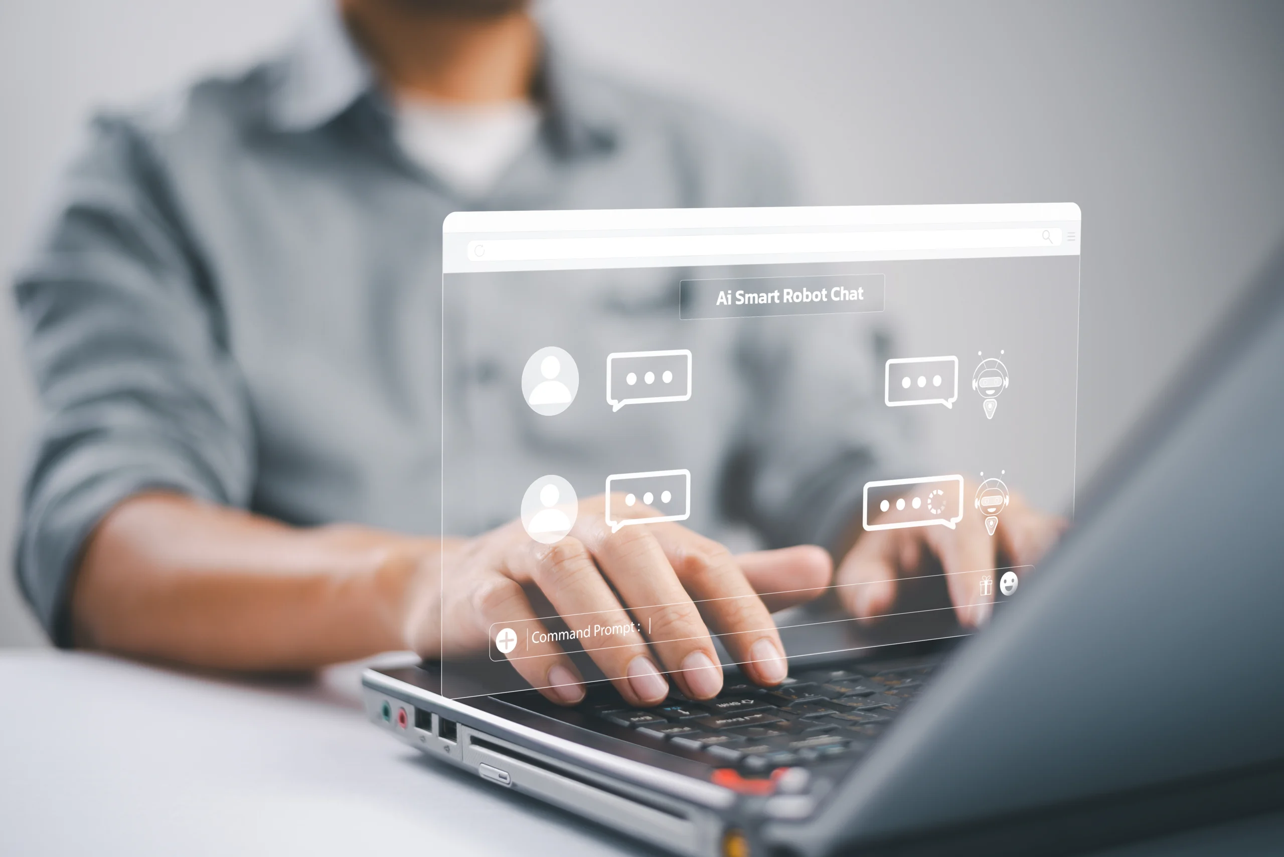 person typing on a laptop with a robochat icon